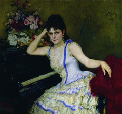 Sophie Menterov (29. červen, 1846 - 23. nor, 1918) - Portrt klavristky a profesorky petrohradsk konzervatoře od ruskho malře Ilji Repina (1844 – 1930). Olej na pltně, 107  115 cm, 1887, Treťjakovsk galerie, Moskva.