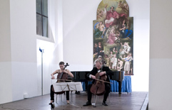 Two cellists, brother and sister Anna Brikciusov and František Brikcius (Duo Brikcius); cello concert DUO BRIKCIUS - ITALIAN BAROQUE MASTERS; Festival Brikcius 2015 - The 5th Chamber Music Concert Series in Prague. Photo: Alina Bogdana Mihai, http://Festival.Brikcius.com