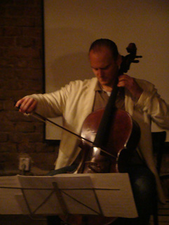 Czech Cellist František Brikcius, H_aluze benefit concert, Caf V Lese, Prague, 2012. Photo: archive http://www.Brikcius.com